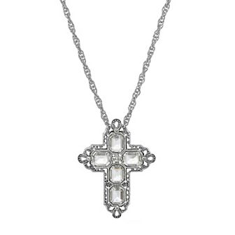 1928 Silver Tone Rectangle Simulated Crystal Cross Chain Necklace