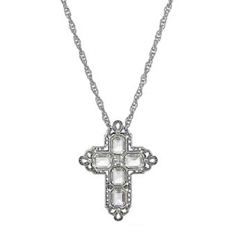 1928 Silver Tone Rectangle Simulated Crystal Cross Chain Necklace