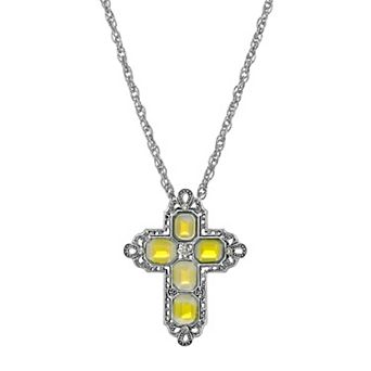 1928 Silver Tone Rectangle Simulated Crystal Cross Chain Necklace