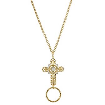 1928 Gold Tone Simulated Pearl Cross Eyeglass & Badge Holder Necklace