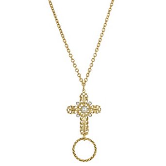 1928 Gold Tone Simulated Pearl Cross Eyeglass & Badge Holder Necklace