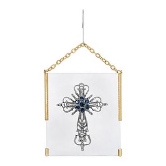 1928 Gold Tone Pewter Simulated Crystal Holiday Cross Glass Ornament