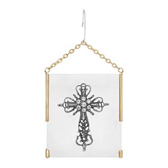 1928 Gold Tone Pewter Simulated Crystal Holiday Cross Glass Ornament