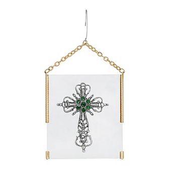 1928 Gold Tone Pewter Simulated Crystal Holiday Cross Glass Ornament
