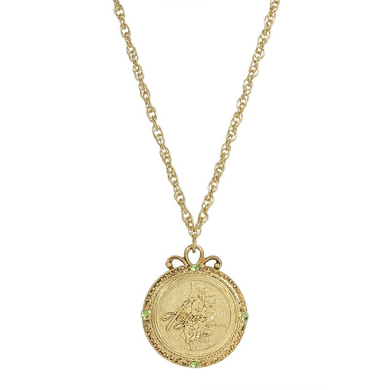 1928 Gold Tone Flower of the Month Pendant Necklace, Womens, Green