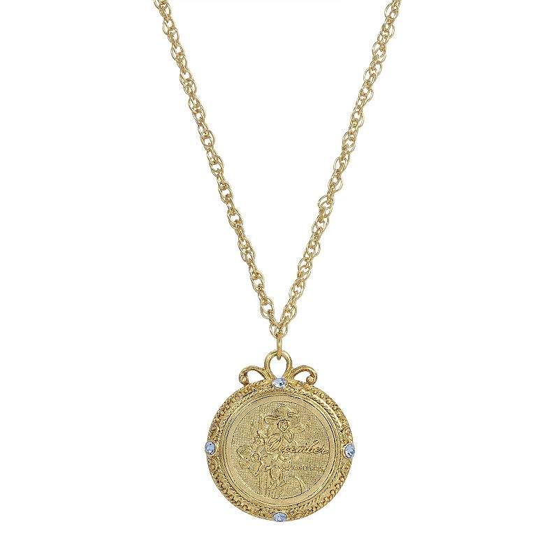 1928 Gold Tone Flower of the Month Pendant Necklace, Womens, Blue