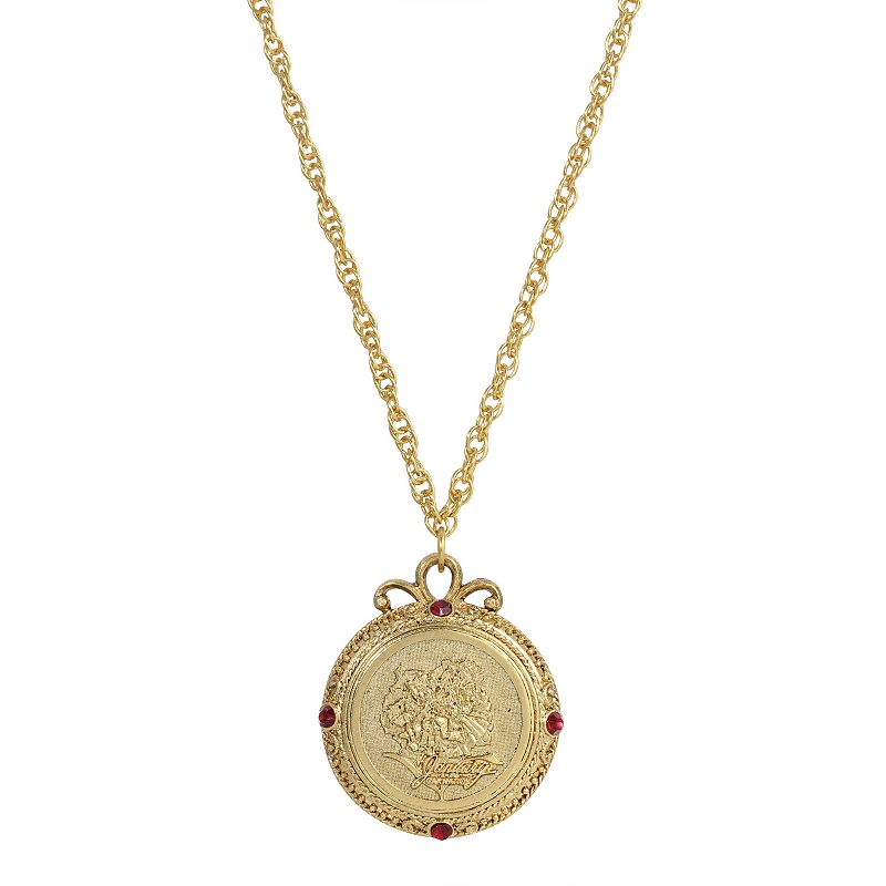 1928 Gold Tone Flower of the Month Pendant Necklace, Womens, Red