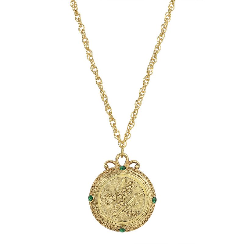 1928 Gold Tone Flower of the Month Pendant Necklace, Womens, Green