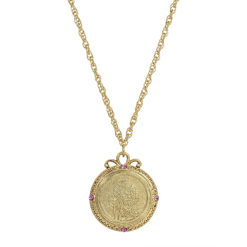 1928 Gold Tone Flower of the Month Pendant Necklace, Womens, Pink