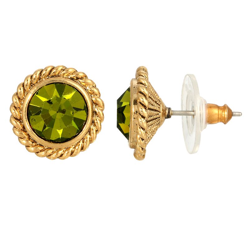 1928 Gold Tone Round Stud Earrings, Womens, Green