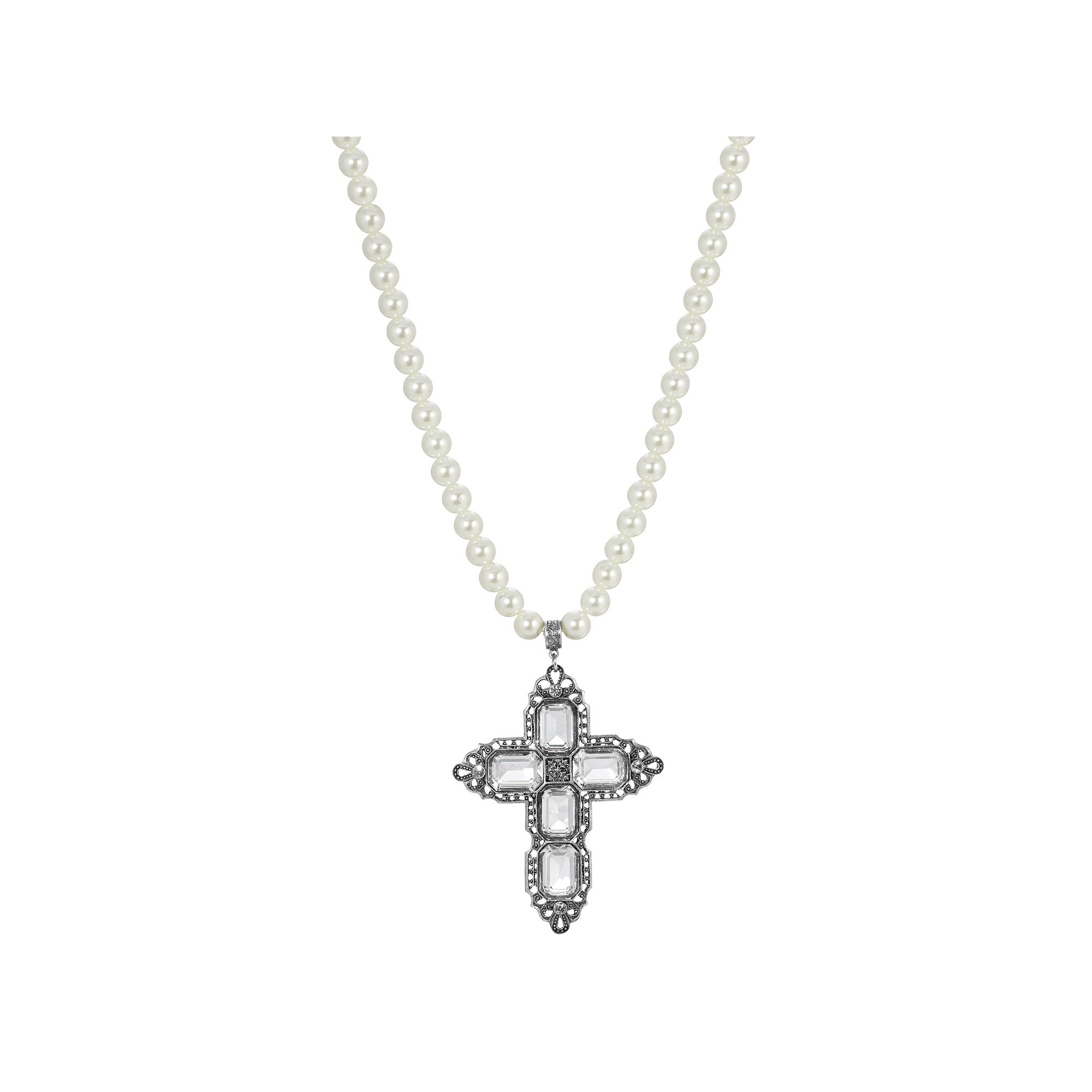 1928 Silver Tone Rectangle Crystal Cross Simulated Pearl Necklace, Womens,