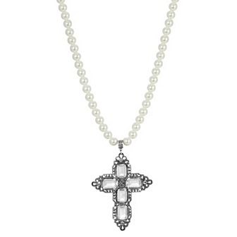 1928 Silver Tone Rectangle Crystal Cross Simulated Pearl Necklace