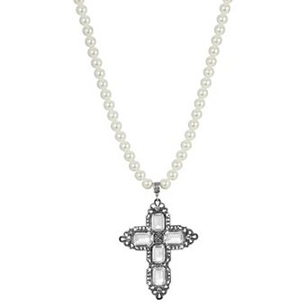 1928 Silver Tone Rectangle Crystal Cross Simulated Pearl Necklace