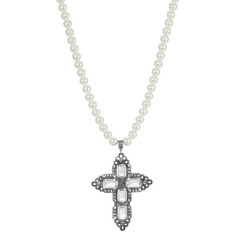 1928 Silver Tone Rectangle Crystal Cross Simulated Pearl Necklace, Womens,