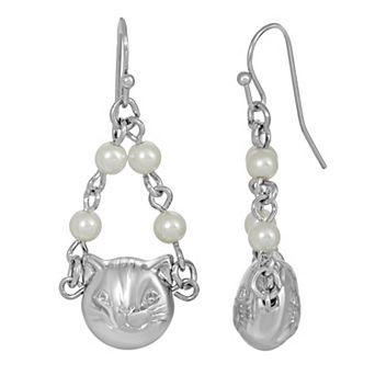 1928 Silver Tone Cat Faux Pearl Drop Earrings