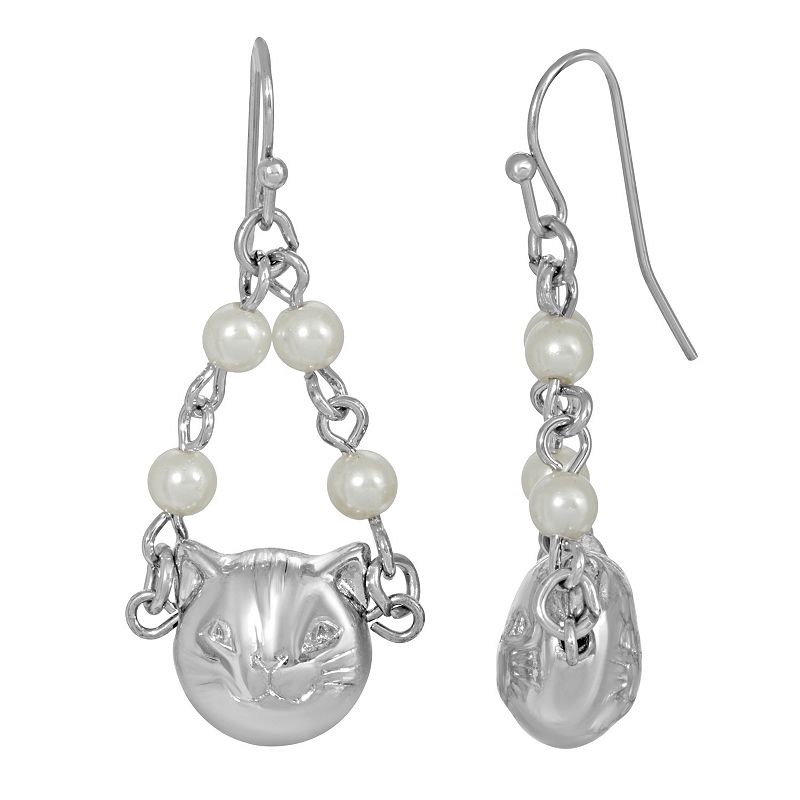 1928 Silver Tone Cat Faux Pearl Drop Earrings, Womens, White