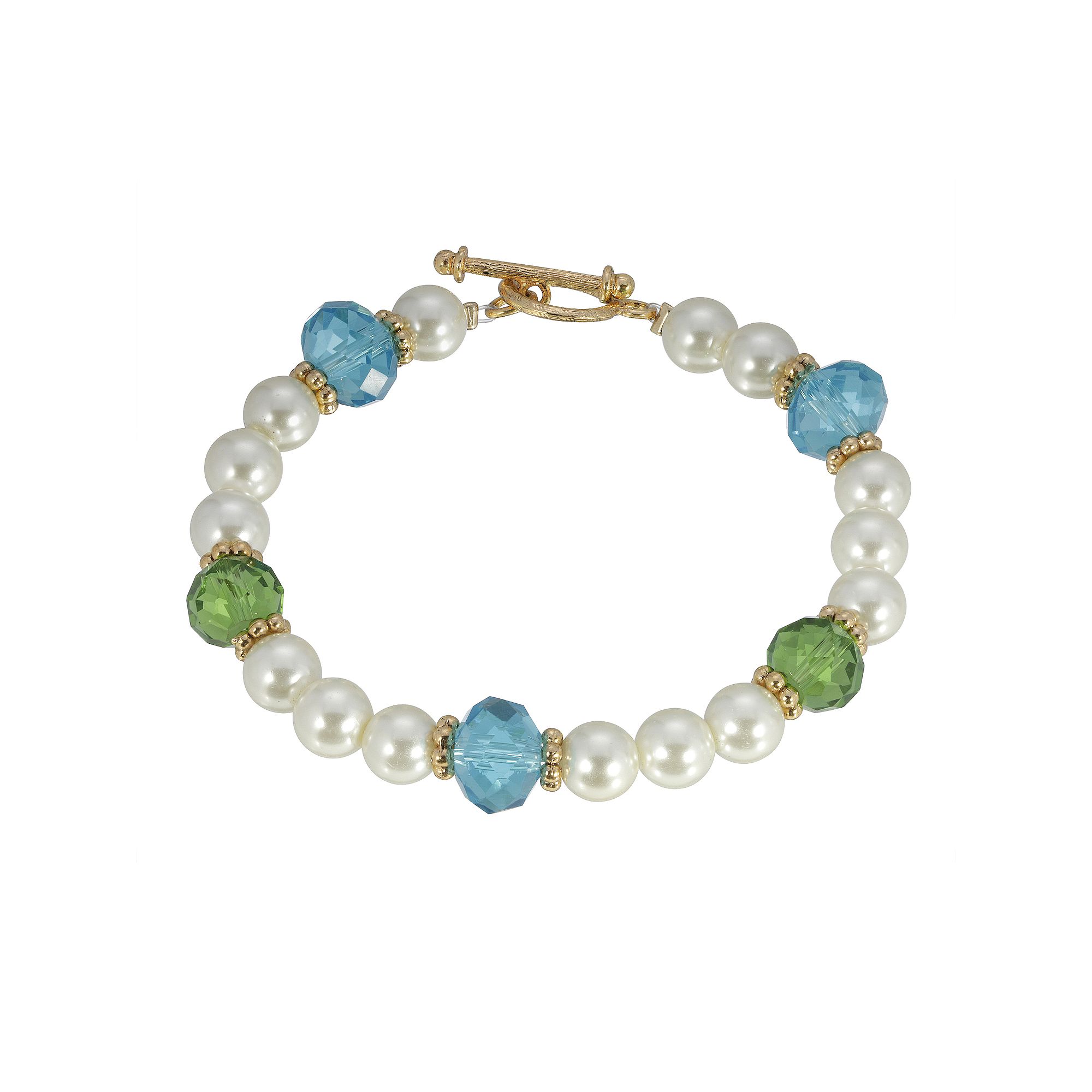 1928 Gold Tone Simulated Pearl, Green & Aqua Beaded Bracelet, Womens