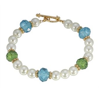 1928 Gold Tone Simulated Pearl, Green & Aqua Beaded Bracelet