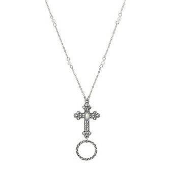 1928 Silver Tone Simulated Pearl Cross Eyeglass & Badge Holder Necklace
