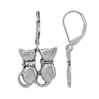 1928 Silver Tone Crystal Accent Double Cat Wire Earrings