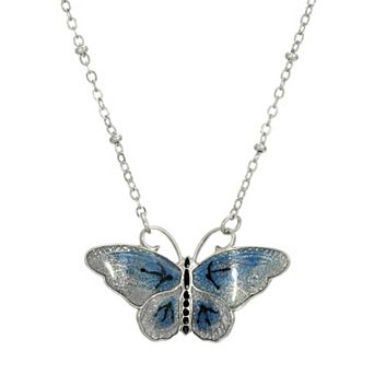 1928 Silver Tone & Enamel Butterfly Pendant Necklace