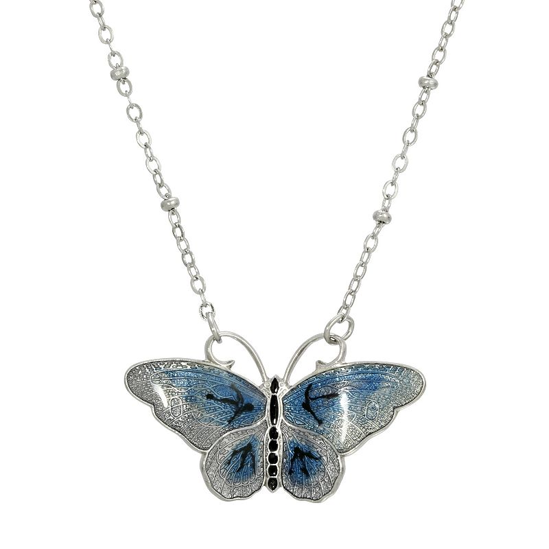 1928 Silver Tone & Enamel Butterfly Pendant Necklace, Womens, Blue