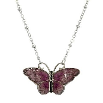 1928 Silver Tone & Enamel Butterfly Pendant Necklace