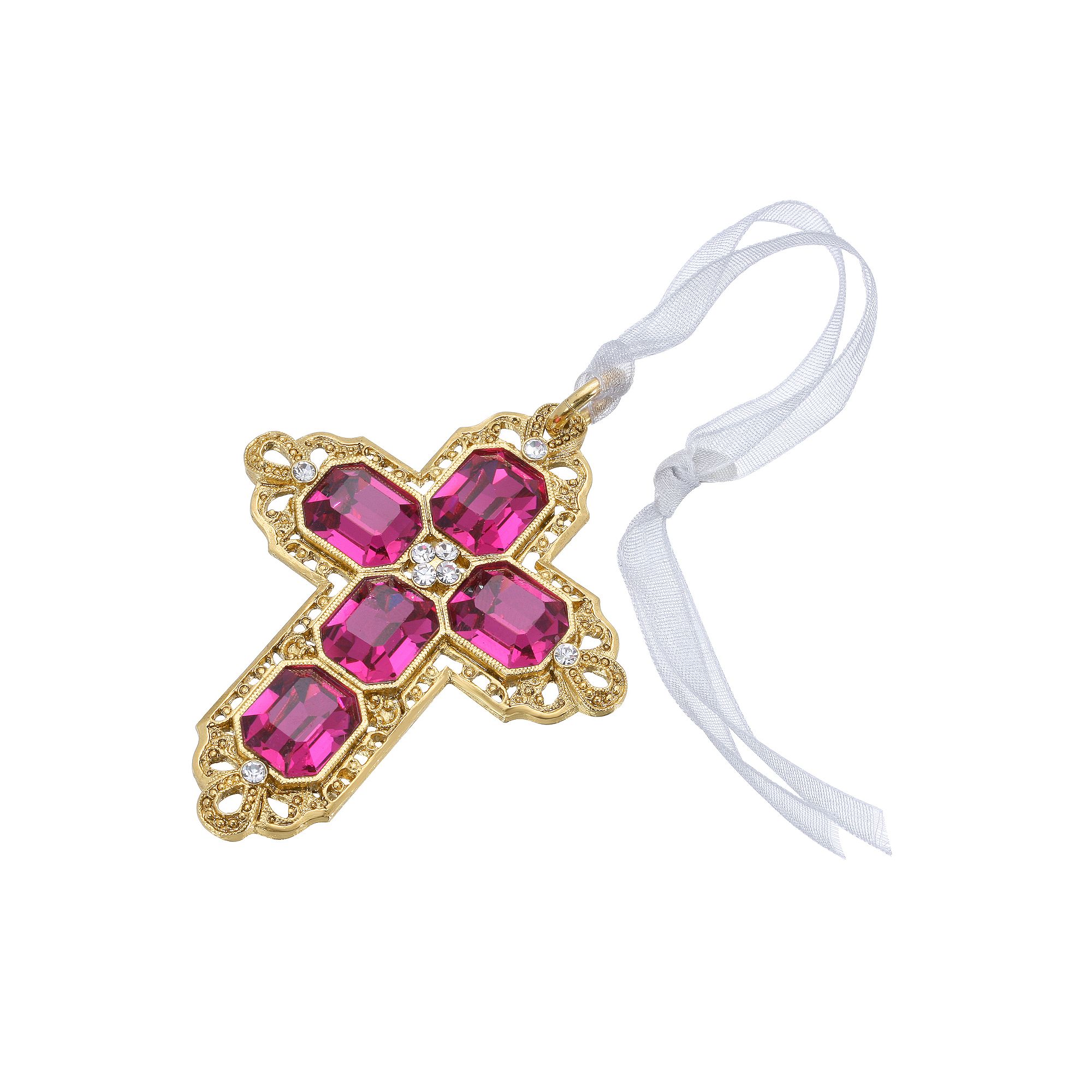 1928 Gold Tone Crystal Filigree Cross Ornament, Pink