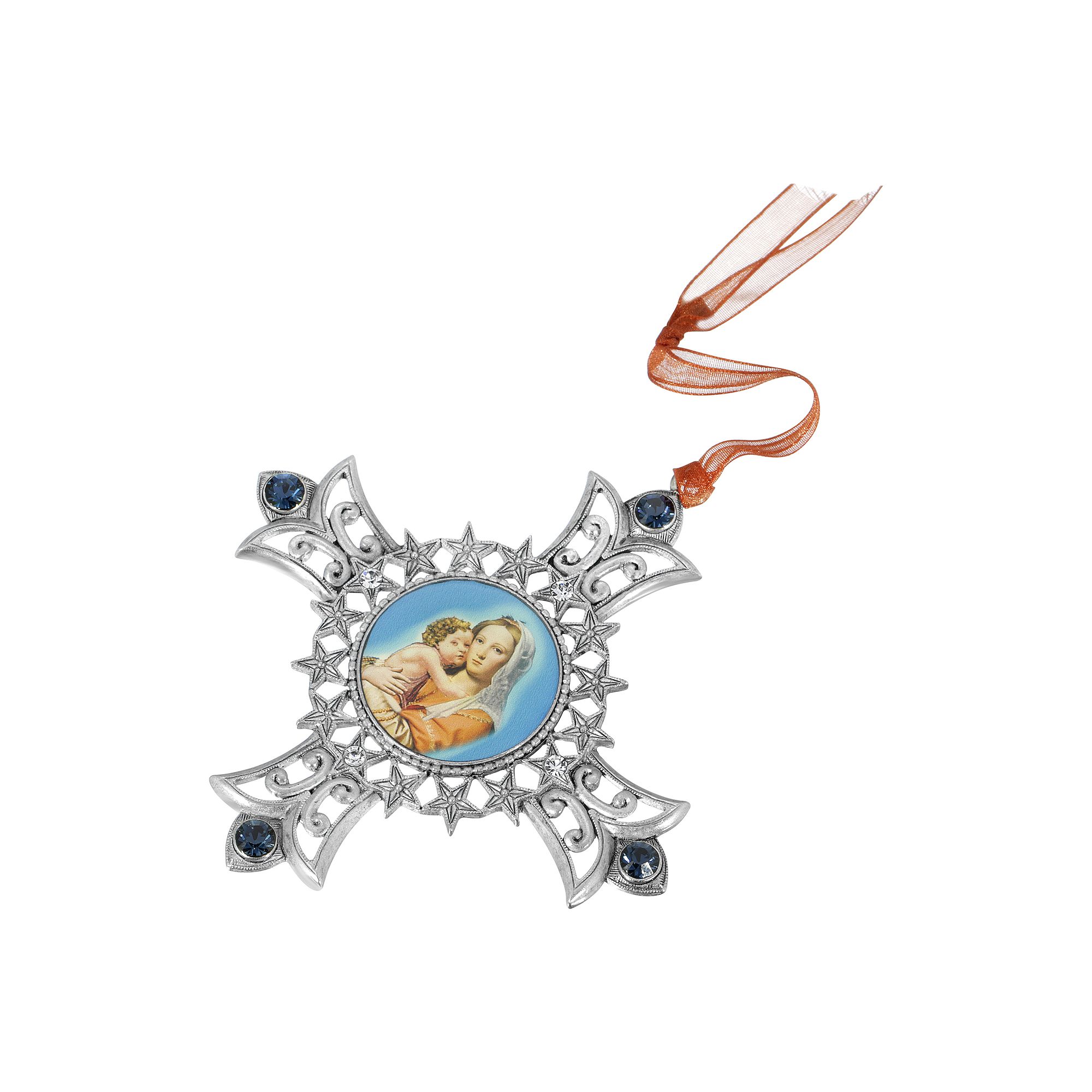 1928 Silver Tone Cross Ornament with Mother and Child Decal, Blue