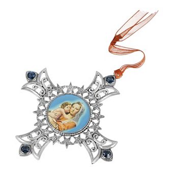 1928 Silver Tone Cross Ornament with Mother and Child Decal