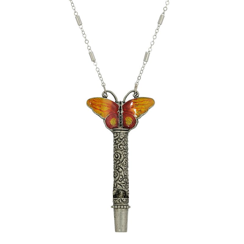 1928 Colorful Butterfly Pewter Whistle Pendant Necklace, Womens, Orange