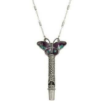1928 Colorful Butterfly Pewter Whistle Pendant Necklace