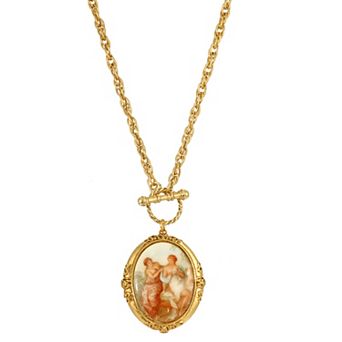 1928 Gold Tone Renaissance Girls Oval Decal Locket Necklace