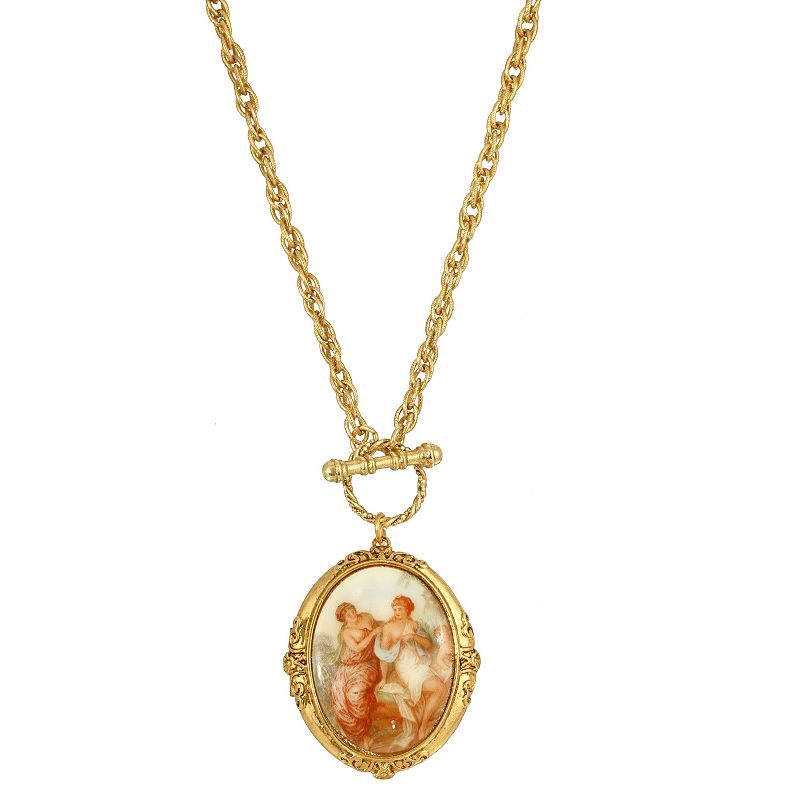 1928 Gold Tone Renaissance Girls Oval Decal Locket Necklace, Womens, Yello