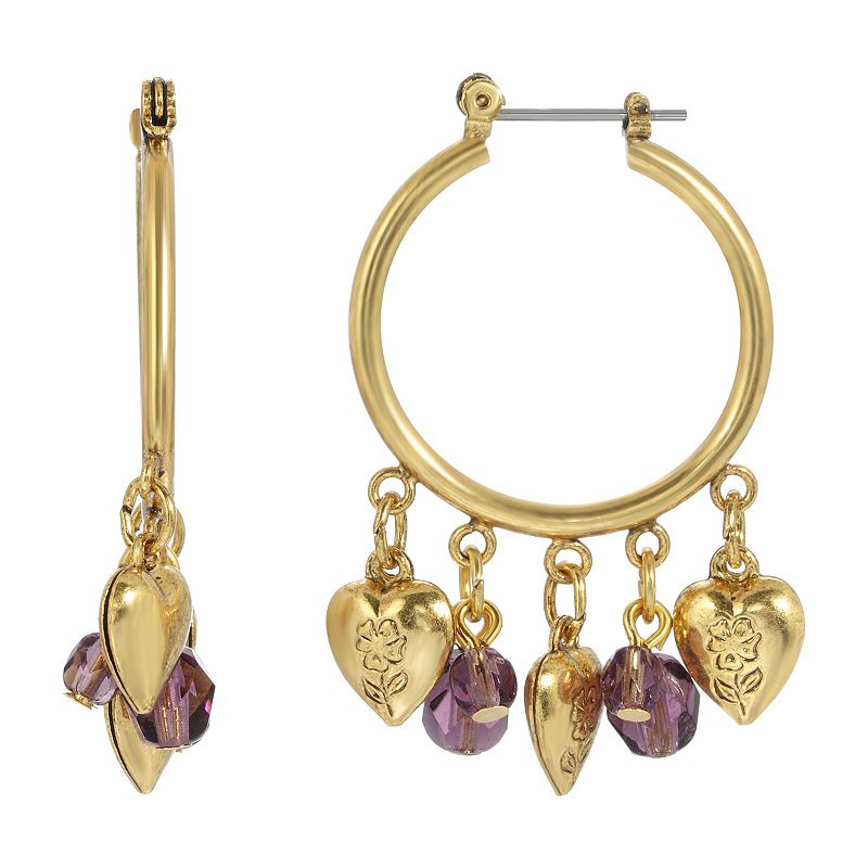 1928 Hearts & Purple Beads Charm Drop Hoop Earrings, Womens