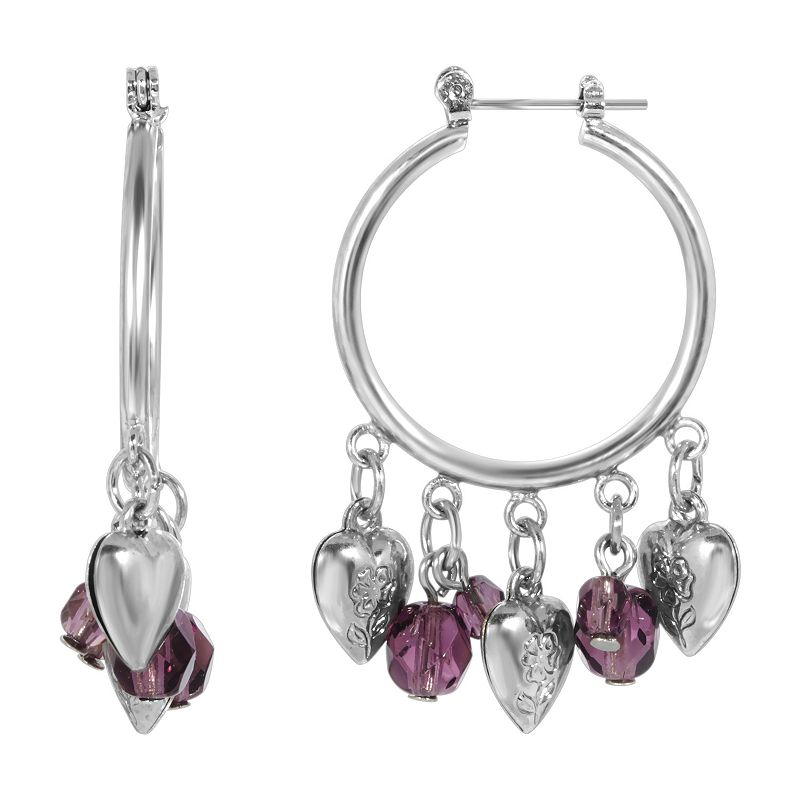 1928 Hearts & Purple Beads Charm Drop Hoop Earrings, Womens