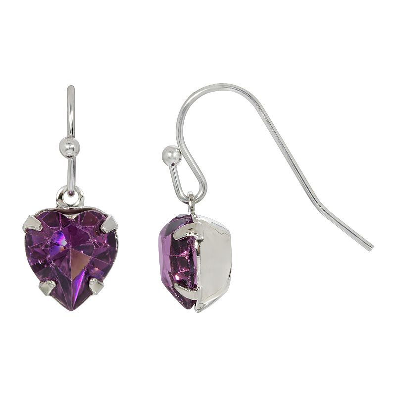 1928 Silver Tone & Purple Heart Drop Earrings, Womens