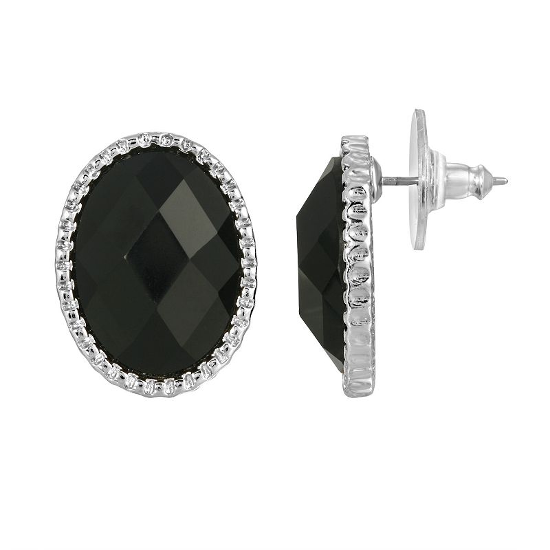 1928 Silver Tone Black Faceted Oval Button Earrings, Womens