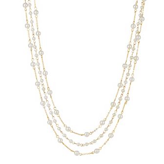 1928 Gold Tone 3-Row Simulated Pearl Station Necklace