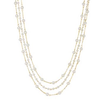 1928 Gold Tone 3-Row Simulated Pearl Station Necklace