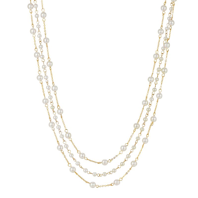 1928 Gold Tone 3-Row Simulated Pearl Station Necklace, Womens, White