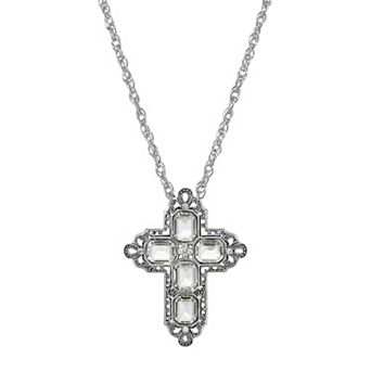 1928 Silver Tone Rectangle Simulated Crystal Cross Chain Necklace