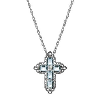 1928 Silver Tone Rectangle Simulated Crystal Cross Chain Necklace