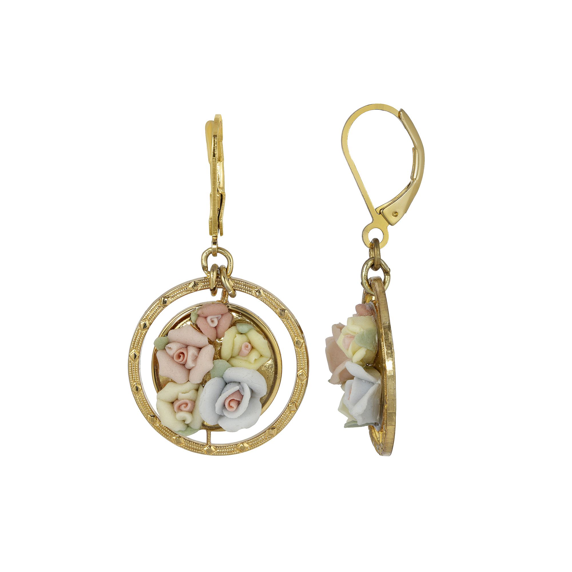 1928 Gold Tone & Porcelain Flowers Round Drop Earrings, Womens, Multi