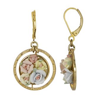 1928 Gold Tone & Porcelain Flowers Round Drop Earrings
