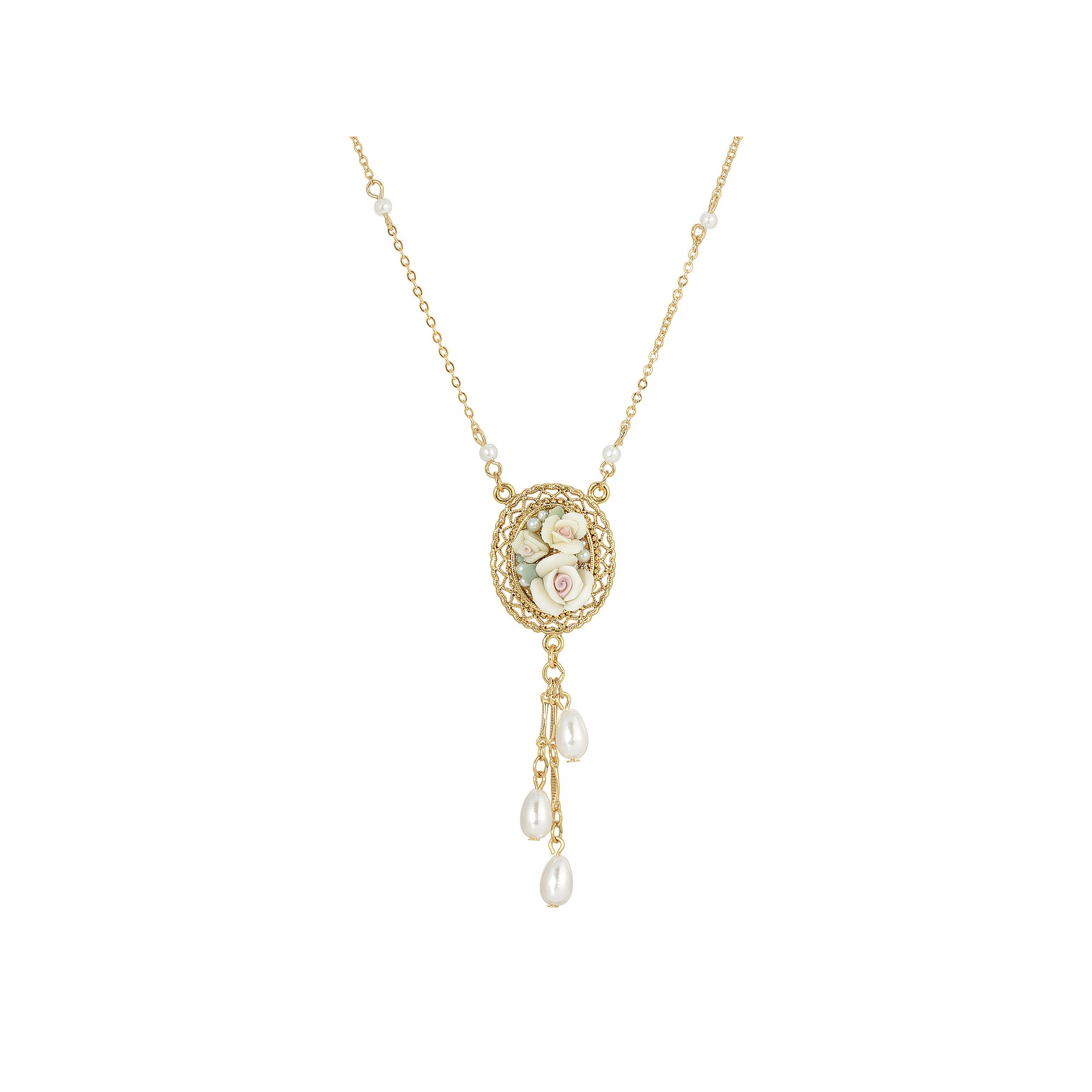 1928 Gold Tone Porcelain Rose Pendant Necklace with Simulated Pearl Drops, 