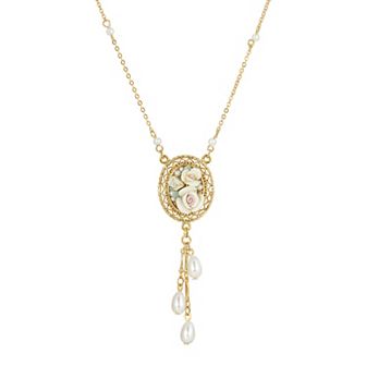 1928 Gold Tone Porcelain Rose Pendant Necklace with Simulated Pearl Drops