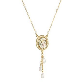 1928 Gold Tone Porcelain Rose Pendant Necklace with Simulated Pearl Drops