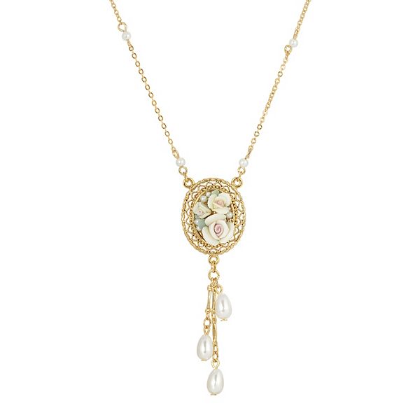 1928 Gold Tone Porcelain Rose Pendant Necklace with Simulated Pearl Drops