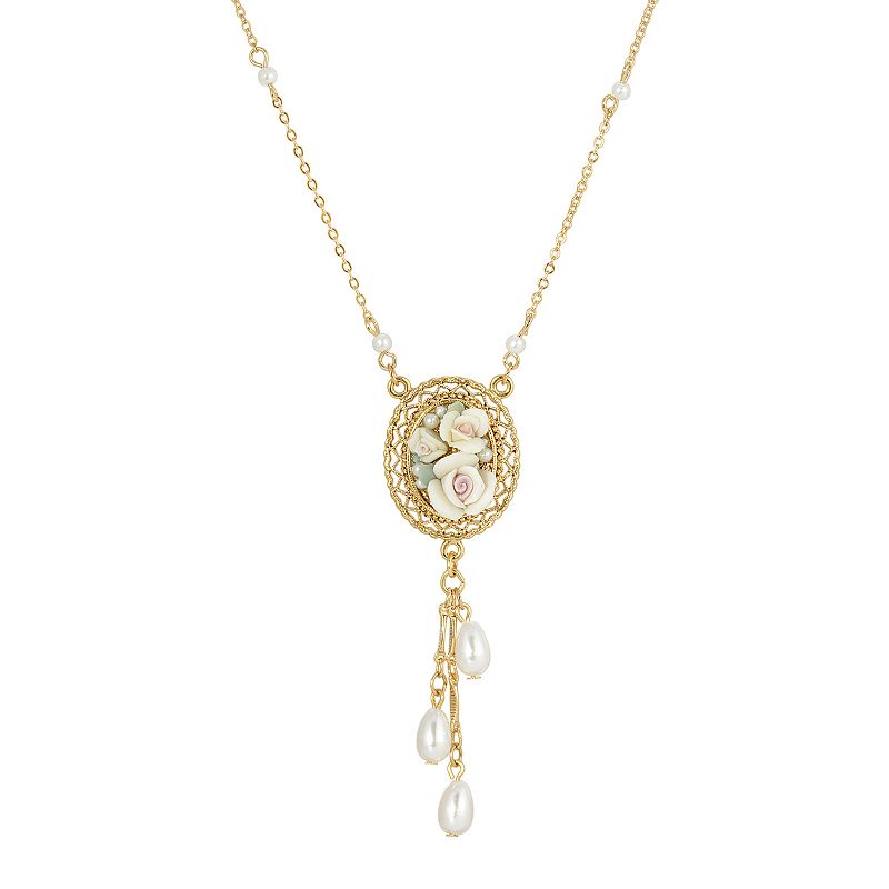 1928 Gold Tone Porcelain Rose Pendant Necklace with Simulated Pearl Drops, 